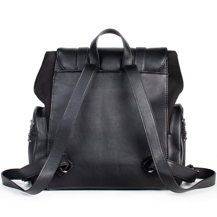 Black backpack with adjustable straps, faux suede detail on front slit pocket and gunmetal finish hardware.