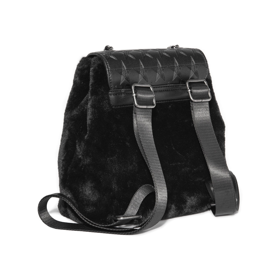 Black mini faux fur backpack with drawstring closure. 