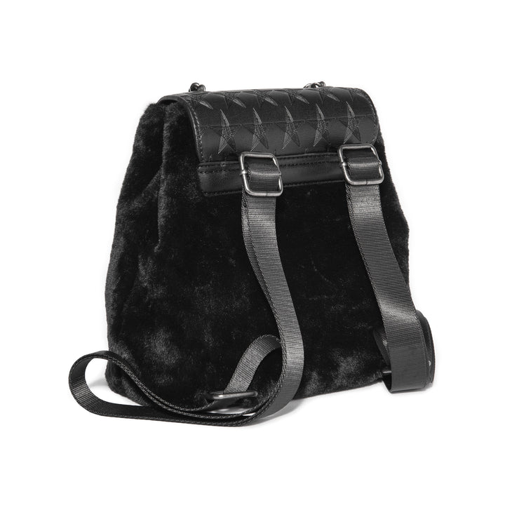 Black mini faux fur backpack with drawstring closure. 