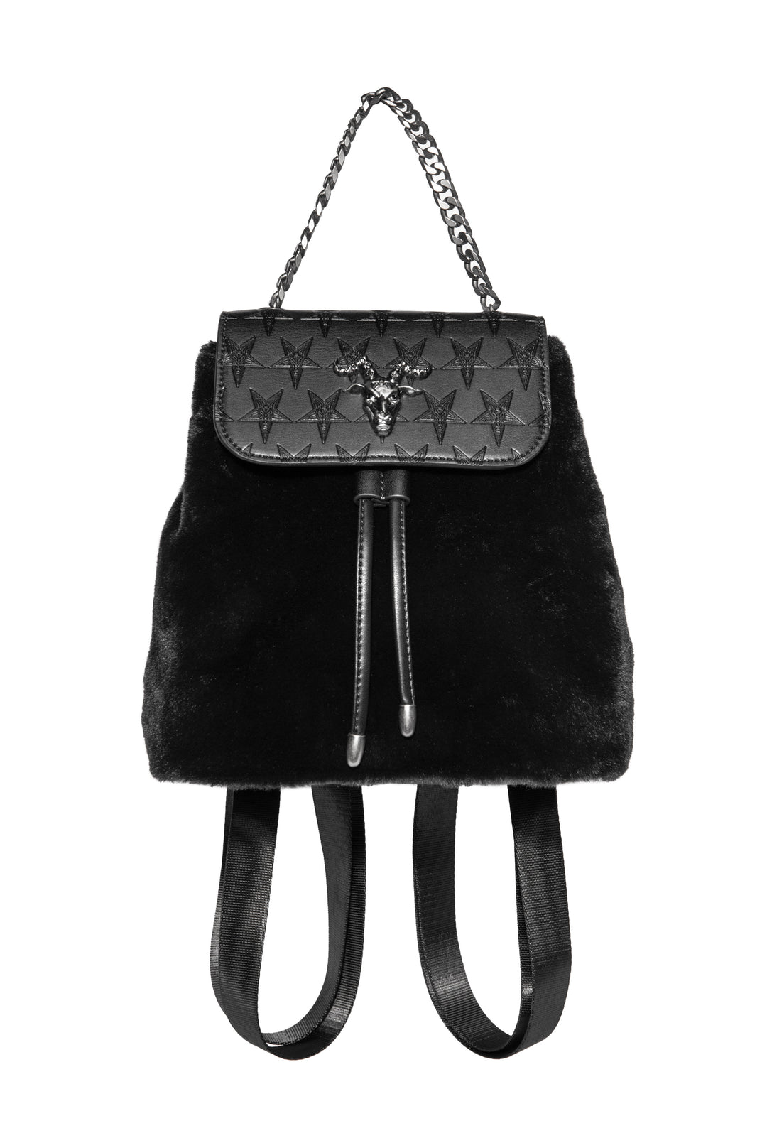 Black mini faux fur backpack with drawstring closure. 