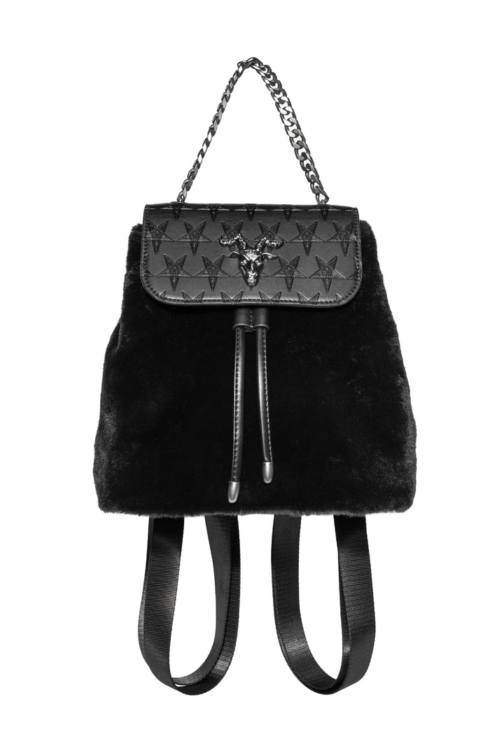 Black mini faux fur backpack with drawstring closure. 