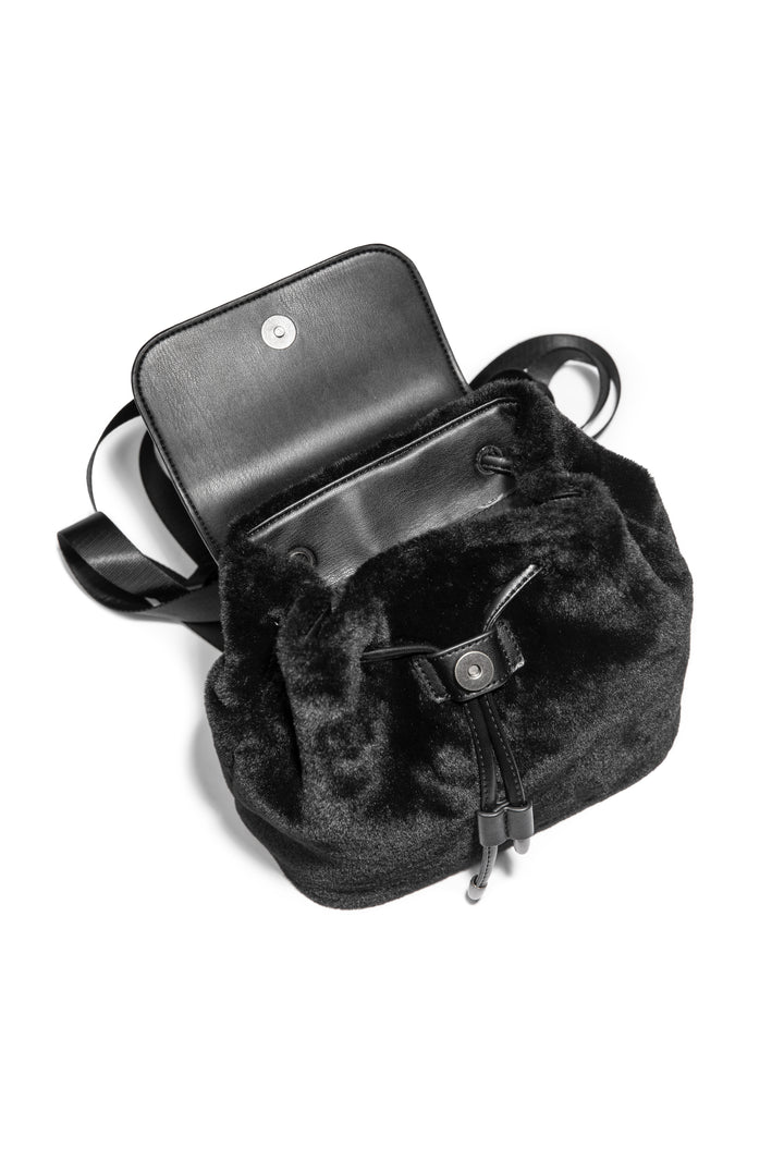 Black mini faux fur backpack with drawstring closure. 