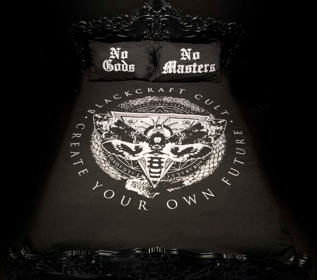 A black duvet blanket cover featuring custom Blackcraft artwork