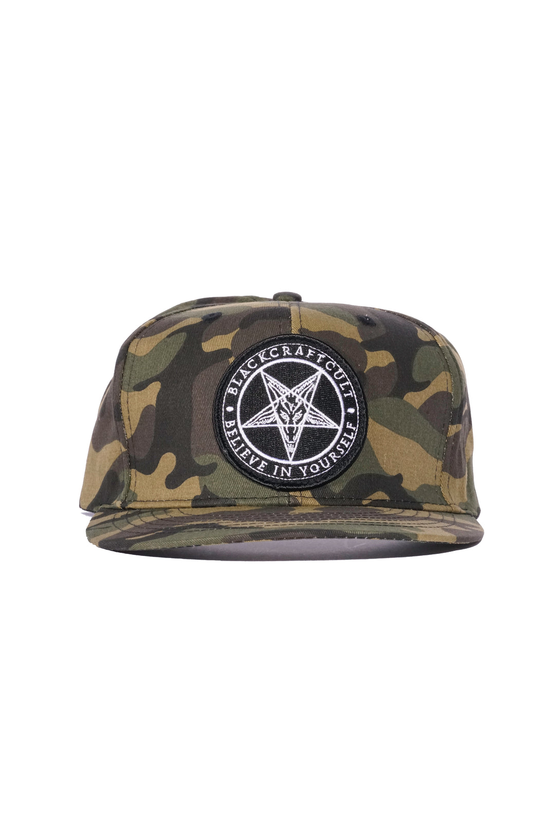 A cotton snapback hat in a camo design, with an embroidered Blackcraft patch on the front.