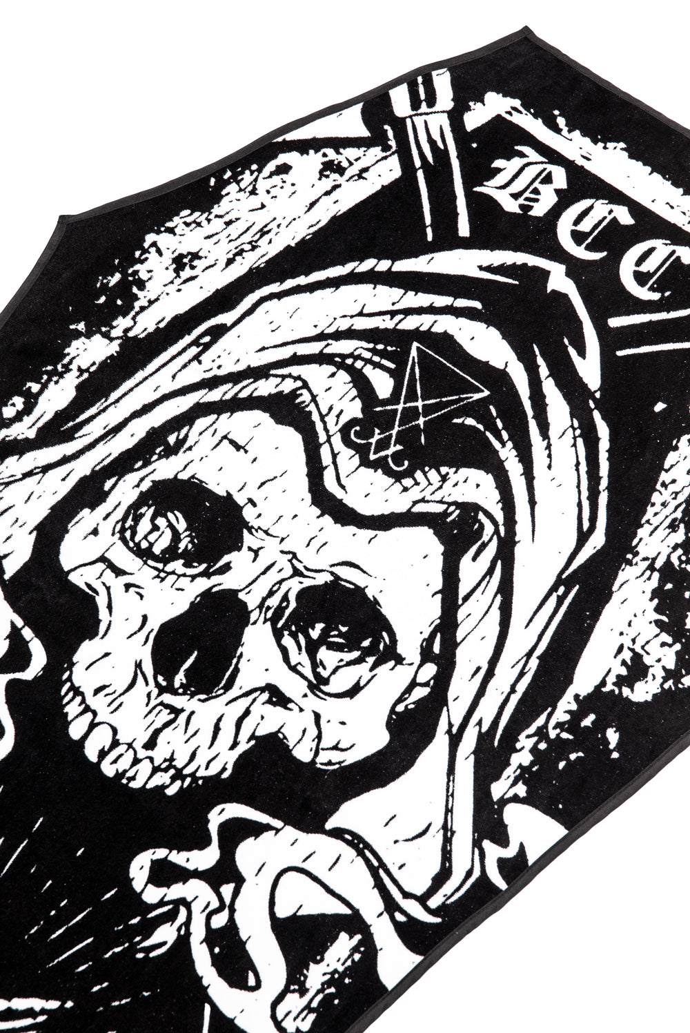 A black coffin shaped towel with Blackcraft artwork. Perfect for the beach or at home.