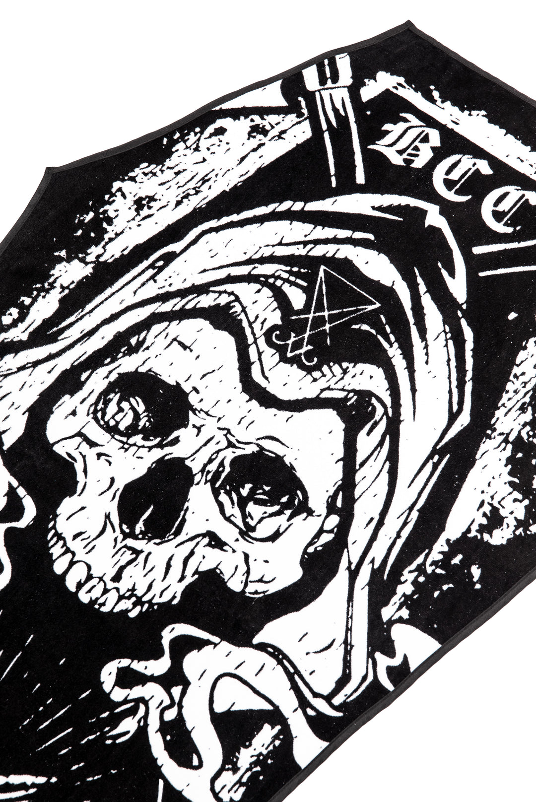 A black coffin shaped towel with Blackcraft artwork. Perfect for the beach or at home.