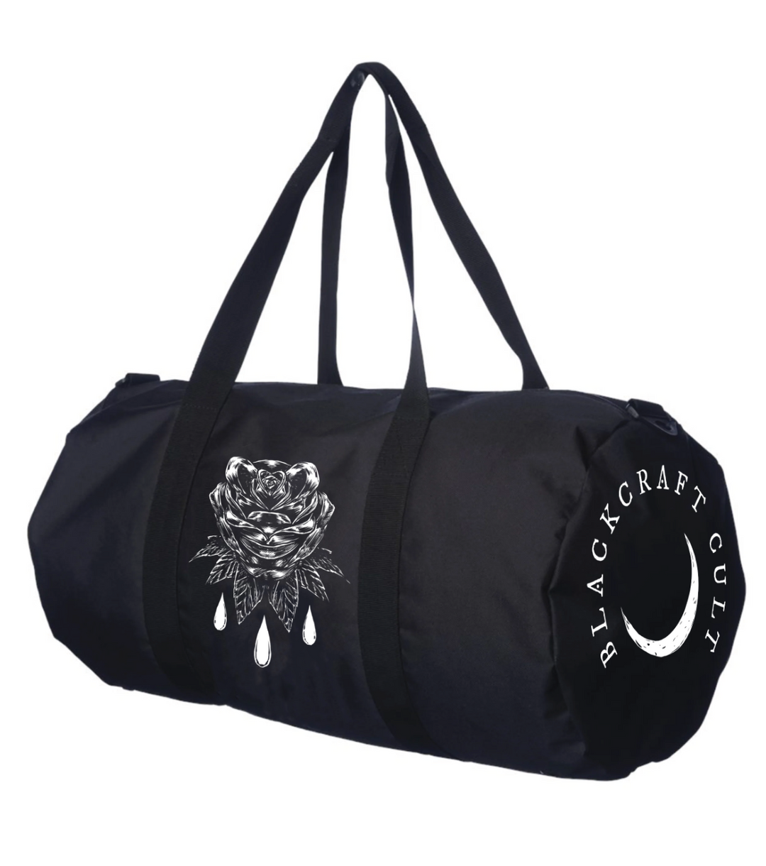 Black polyester duffel bag.