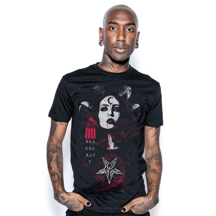 A model wearing a classic black cotton tee shirt with custom Blackcraft artwork on the front. 