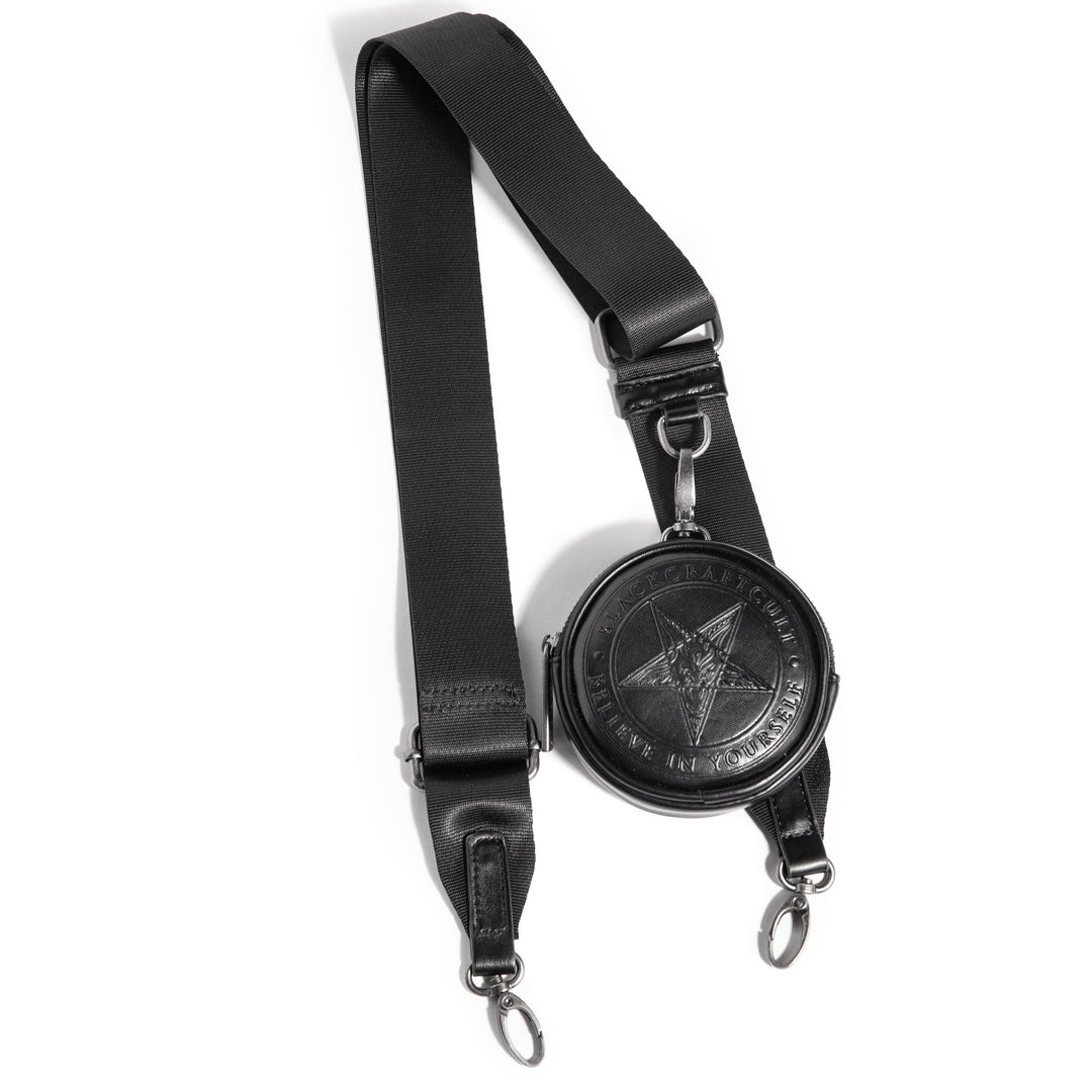 Black nylon crossbody bag with chain top handle and removable coin purse attachment.