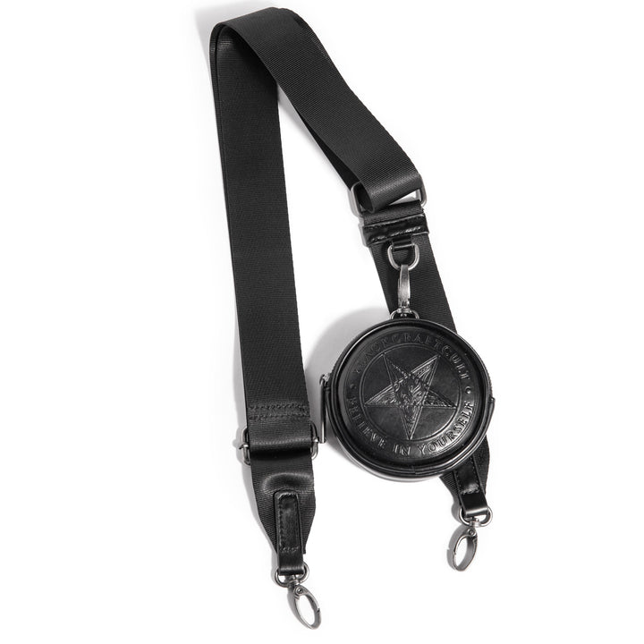 Black nylon crossbody bag with chain top handle and removable coin purse attachment.