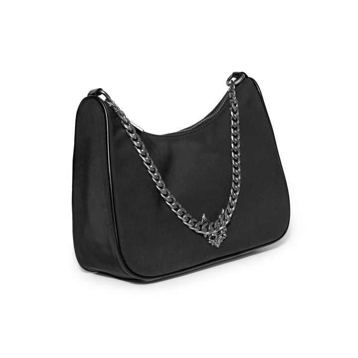 Black nylon crossbody bag with chain top handle and removable coin purse attachment.