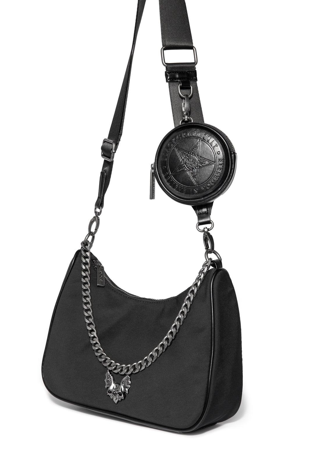Black nylon crossbody bag with chain top handle and removable coin purse attachment.