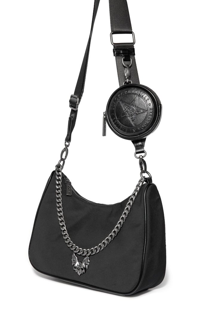 Black nylon crossbody bag with chain top handle and removable coin purse attachment.