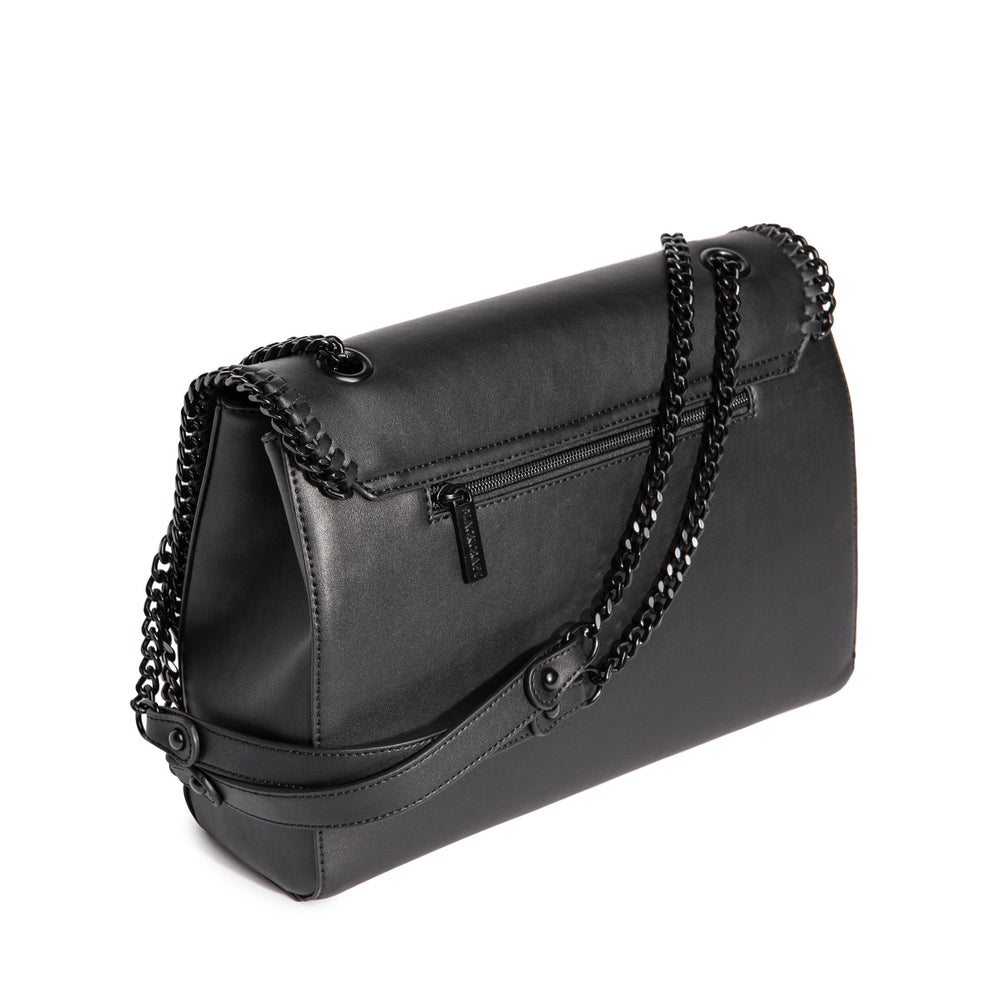 Black PU leather flap shoulder bag with adjustable drop strap and embossed Ouija design.