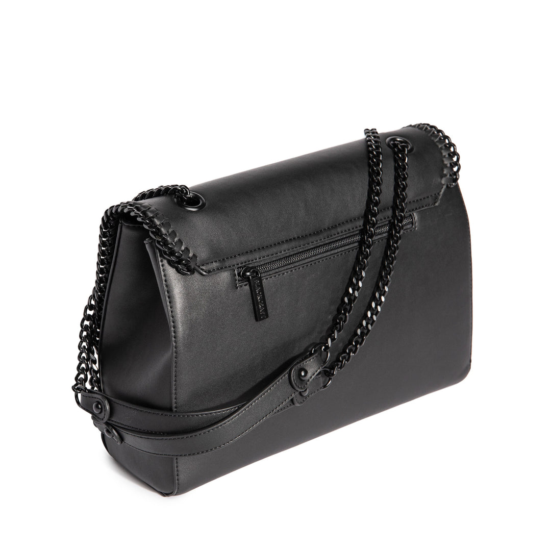 Black PU leather flap shoulder bag with adjustable drop strap and embossed Ouija design.