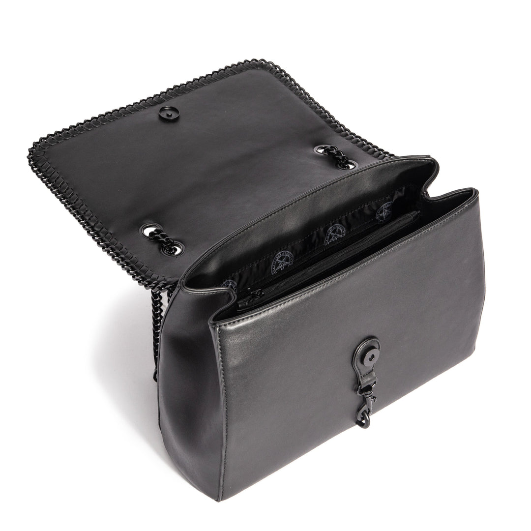 Black PU leather flap shoulder bag with adjustable drop strap and embossed Ouija design.