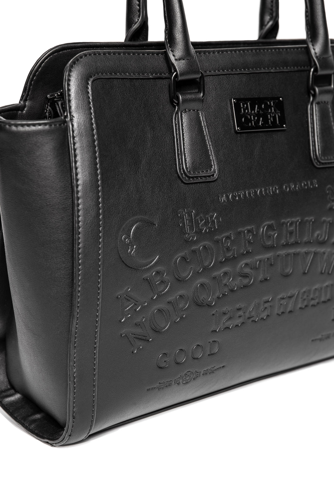 Black faux leather large satchel with our Ouija design embossed on the front. 