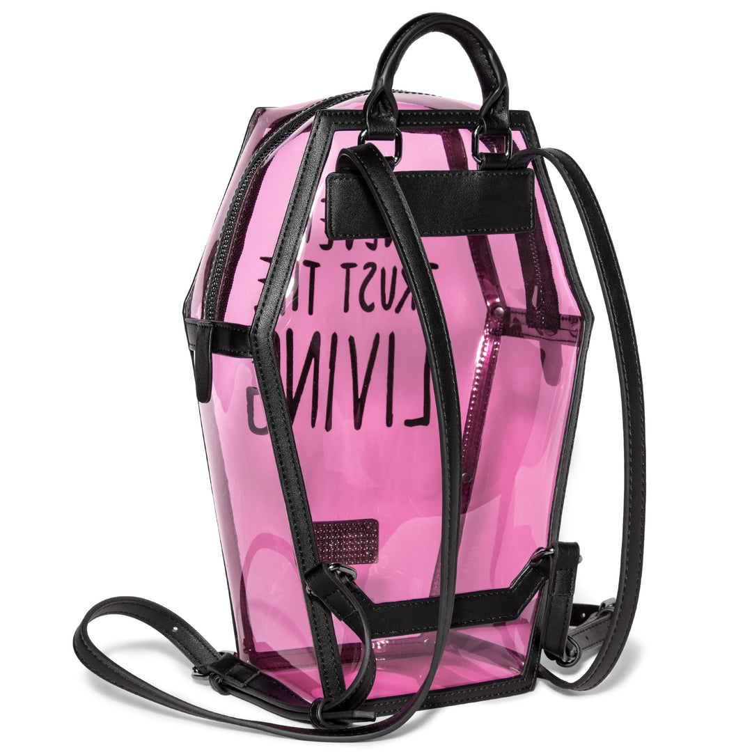 Clear pink PVC coffin shaped backpack with Never Trust the Living print on front. 