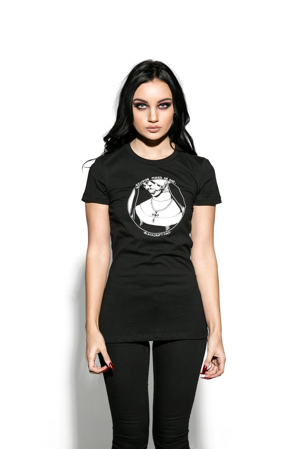 A classic black cotton womens tee with Religion Makes Me artwork on the front.