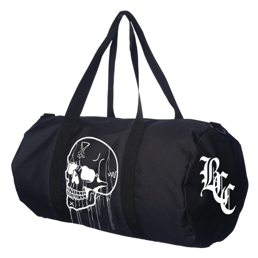 Black polyester duffel bag.