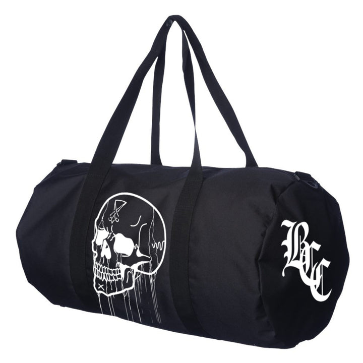 Black polyester duffel bag.