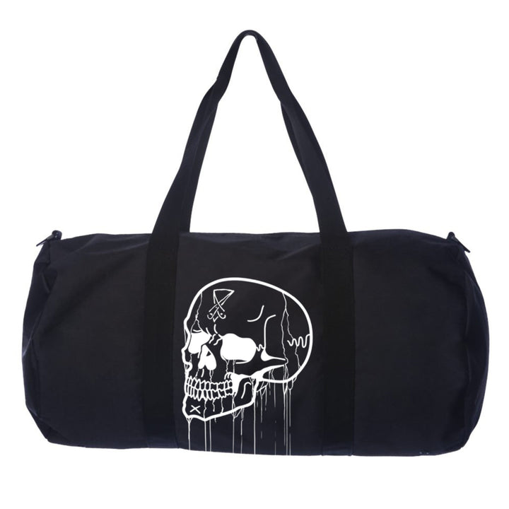 Black polyester duffel bag.
