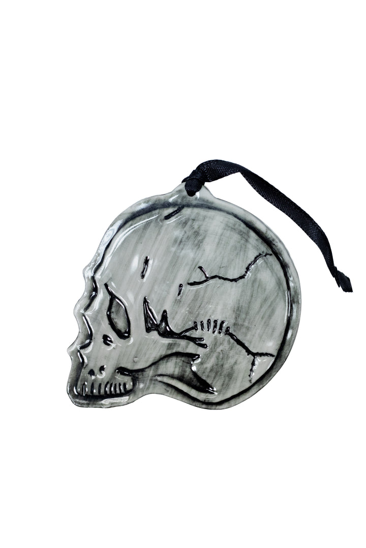 A three piece ceramic Christmas tree ornament set with skull, moon, and rose ornaments. From Blackcraft.