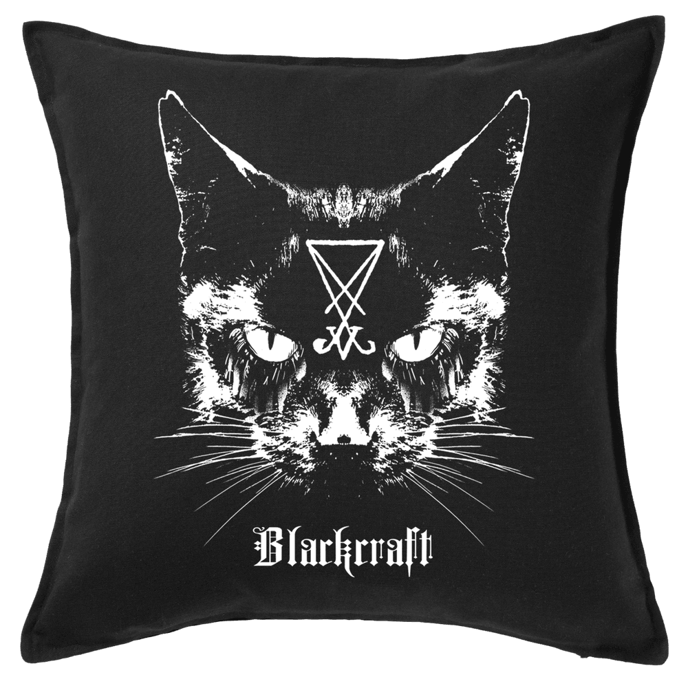 A black cotton throw pillow with cat artwork on the front, from Blackcraft.